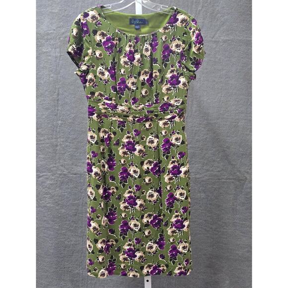 Boden Twill Cap Sleeve Green Floral Print Knee Length Dress Zip Side Size 10R - Picture 1 of 1